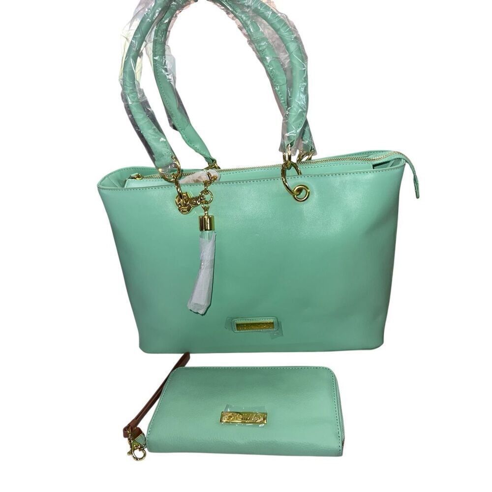 JOY & IMAN split Leather Timeless Chic Everything Tote and wallet iPad bag mint